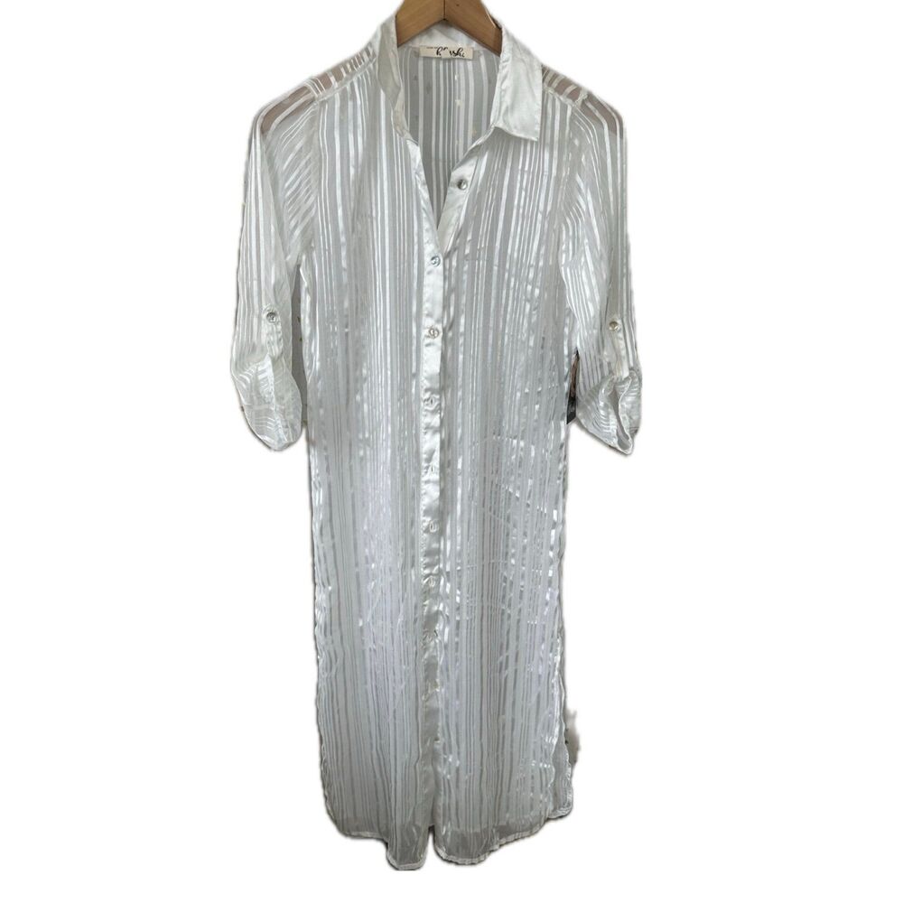 Hint Of Blush NWT Sheer Longline Mother Of Pearl Button Down Tab Sleeves Duster